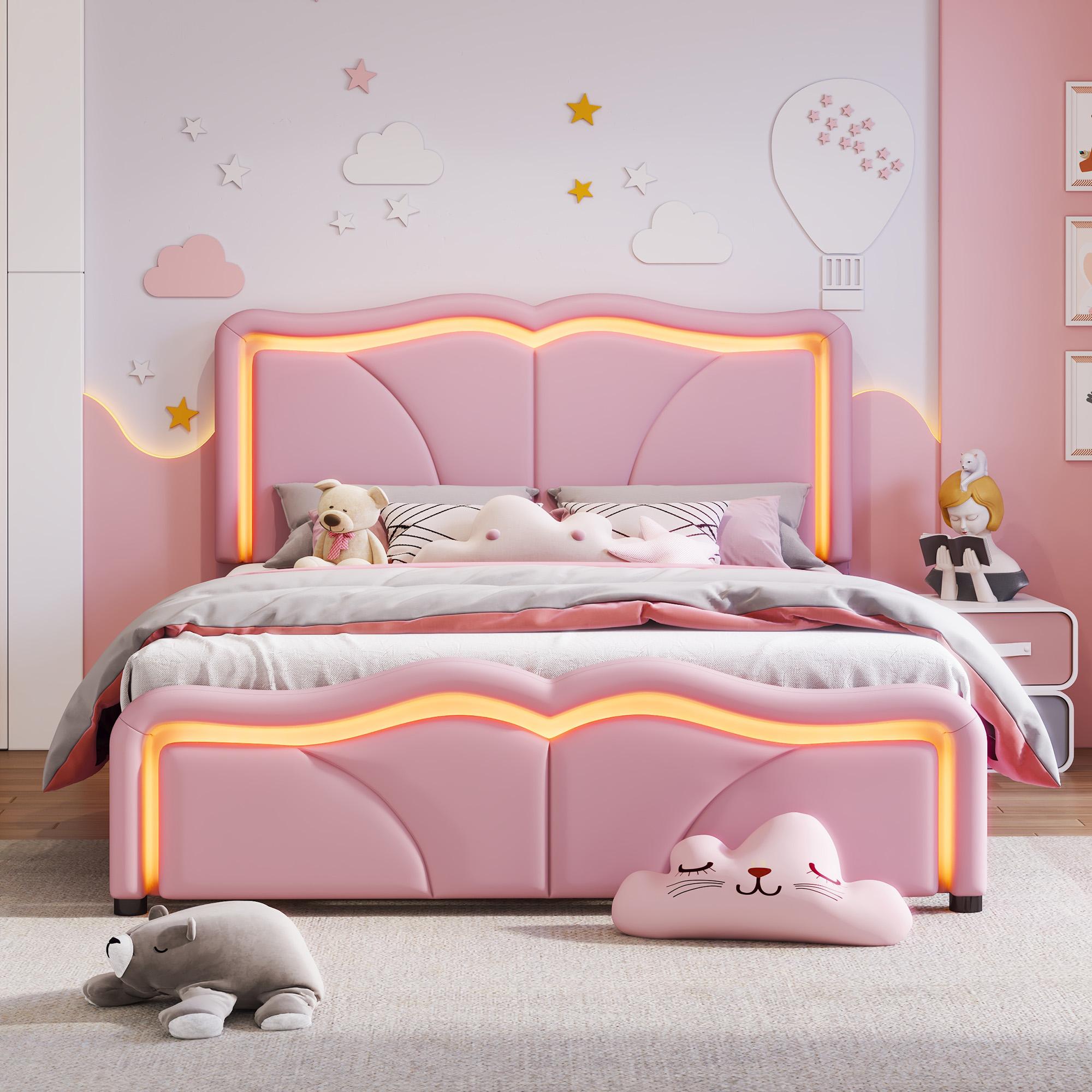 [Bellemave]Twin Size Upholstered Platform Bed with Curve Shaped and Height-adjustbale Headboard,LED Light Strips,Pink