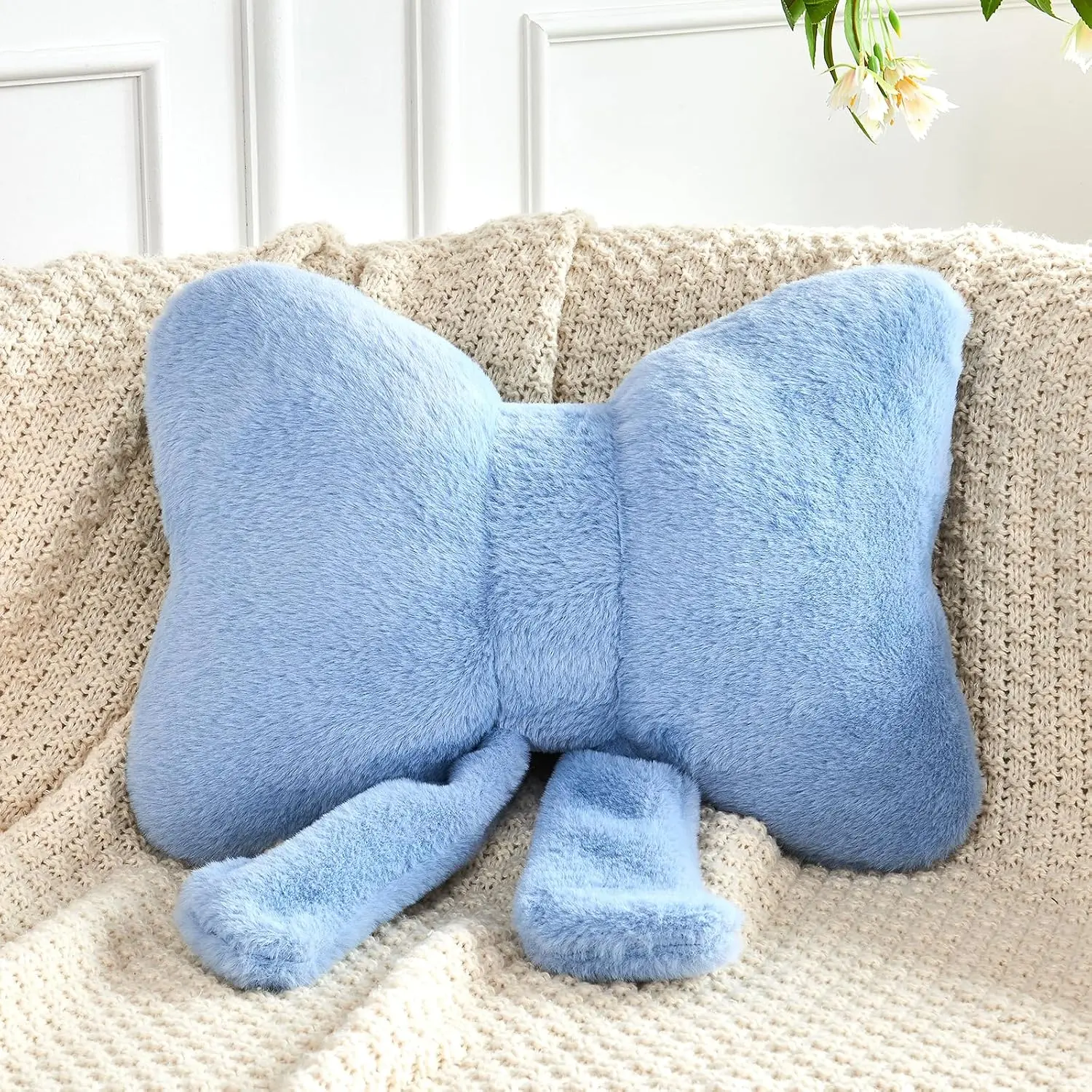Dusty Blue Bow Pillow, Soft Bow Decorative Pillows with Faux Rabbit Fur, Cute 12" Bow Throw Pillows, Aesthetic Home Decor Bow Shaped Plush Pillow for Bedroom Sofa Couch