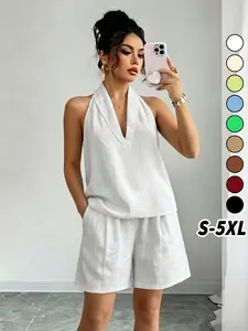 Women’s Linen Look 2 Piece Set – Draped Cowl Neck Sleeveless Top & Pocket Shorts | Relaxed Vacation Resort Summer Outfit