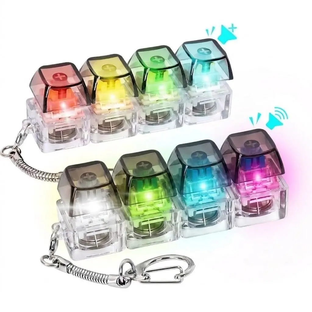 2 Pcs 4-in-1 Mechanical Key Fidget Multifunctional Keychain with LED - Silent & Loud Button Clicker Keychain Fidget Keyring Desk Accessory Relaxing Gift for Office & Car Key Accessories