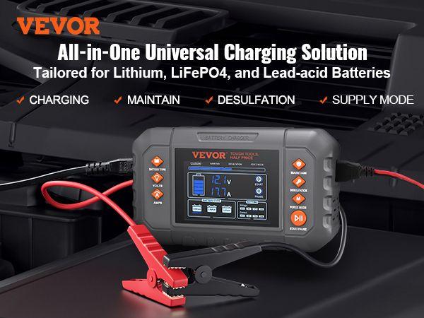 VEVOR Smart Battery Charger, 20-Amp, Lithium LiFePO4 Lead-Acid (AGM / Gel / SLA) Car Battery Charger with LCD, Trickle Charger Maintainer Desulfator for Boat Motorcycle Lawn Mower Deep Cycle