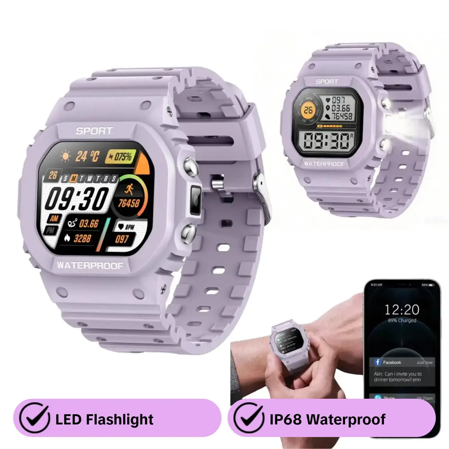 Military Smart Watch with Led Flashlight, Men’s Fitness Tracker,  1.75Inch Screen, IP68 Waterproof, 300Mah Battery, Heart Rate Monitor, Bluetooth Call, Text Notification, 100+ Sports Modes, Activity Tracking