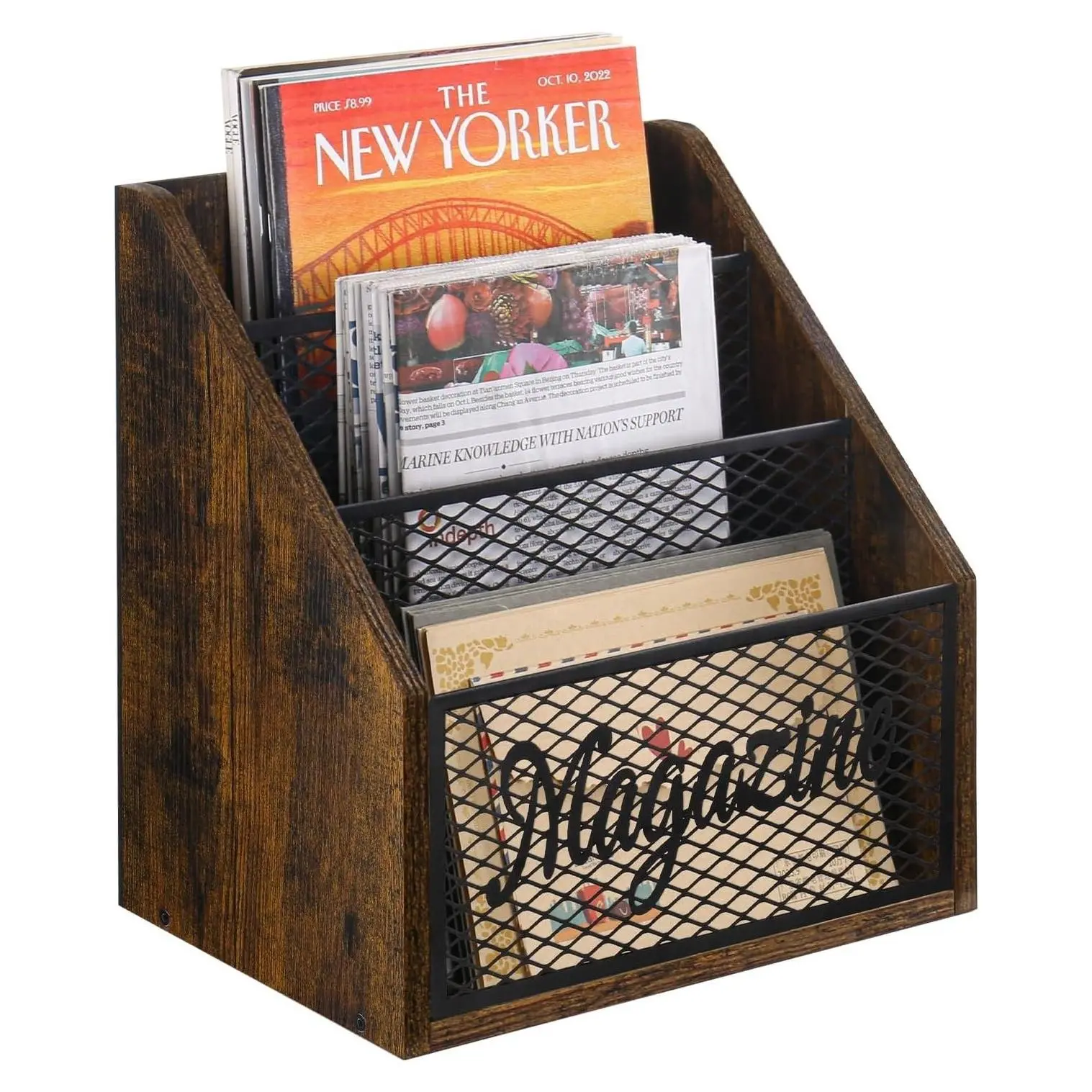 3-Tier Stepped Magazine Rack, Wood and Metal Construction, Easy Magazine Display, Book Organizer Basket for Living Room, OfficeGift