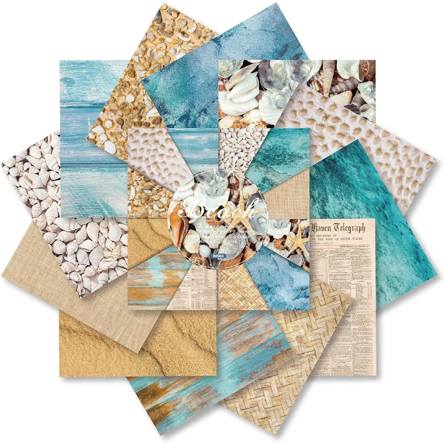 Beach Scrapbook Paper Pad Sand Shell Sea Patterned Paper 6×6,24 Sheets Single-Sided Blue  Scrapbooking CardStock Papers Pad for Holiday Cardmaking DIY Origami Journaling.