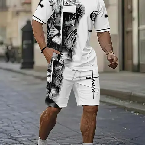 Religious belief Jesus lion cross men's 3D digital printed top two-piece set, 2Pcs, Casual clothing set, trendy retro casual two-piece set, breathable sporty casual style, holiday gift for men