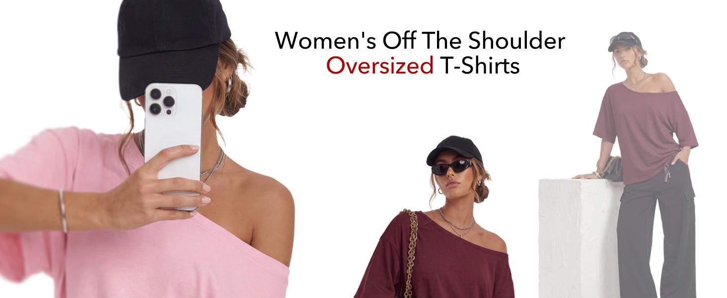 SKIKREMIO Womens Off the Shoulder Tops 2026 Summer Oversized Short Sleeve T Shirts Casual Spring Tees