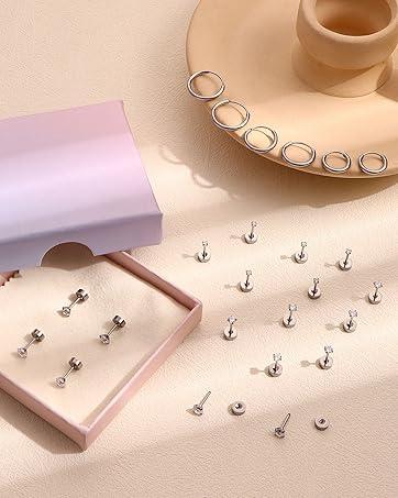 Tiny Hypoallergenic Flat Back Earrings - Surgical Steel Earrings For Women Men 14K Gold Plated Flatback Stud Earrings 20G Small Cartilage Earring Hoop 12 Pairs 2/3/4mm Screw Back Earrings