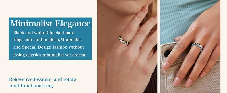 Checkered Spinner Ring for Adults, 18K Gold Plated Stainless Steel Rotating Band Jewelry, Black and White Pattern Unisex Ring