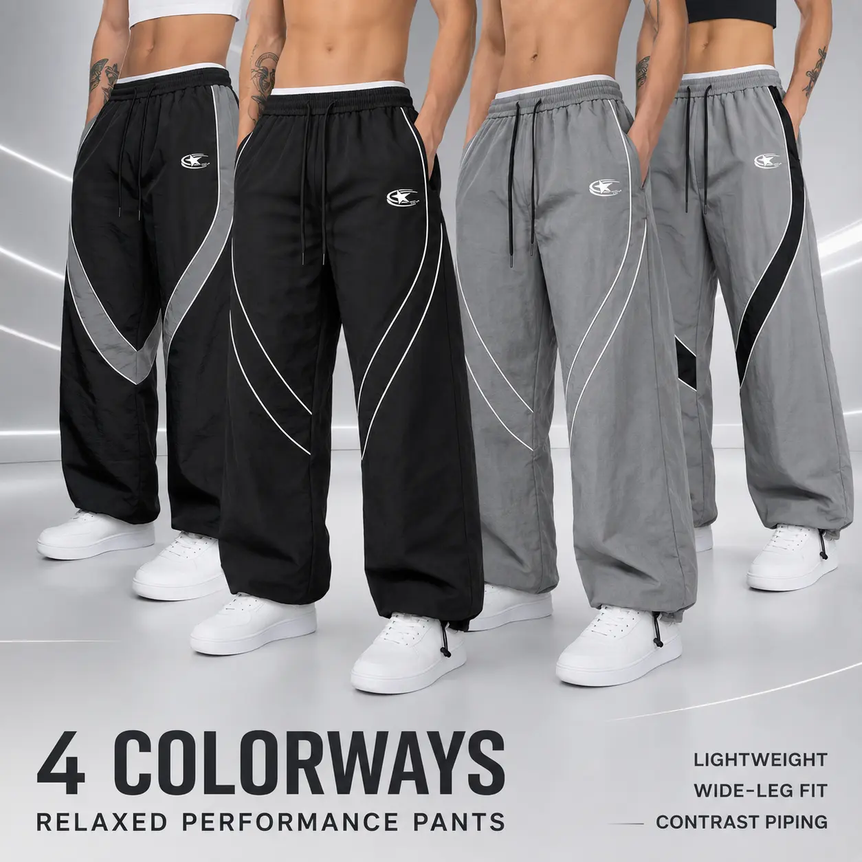 Men Color Block Parachute Pants Elastic Drawstring Wide Leg Joggers Retro Streetwear Loose Windproof Casual Track Trousers