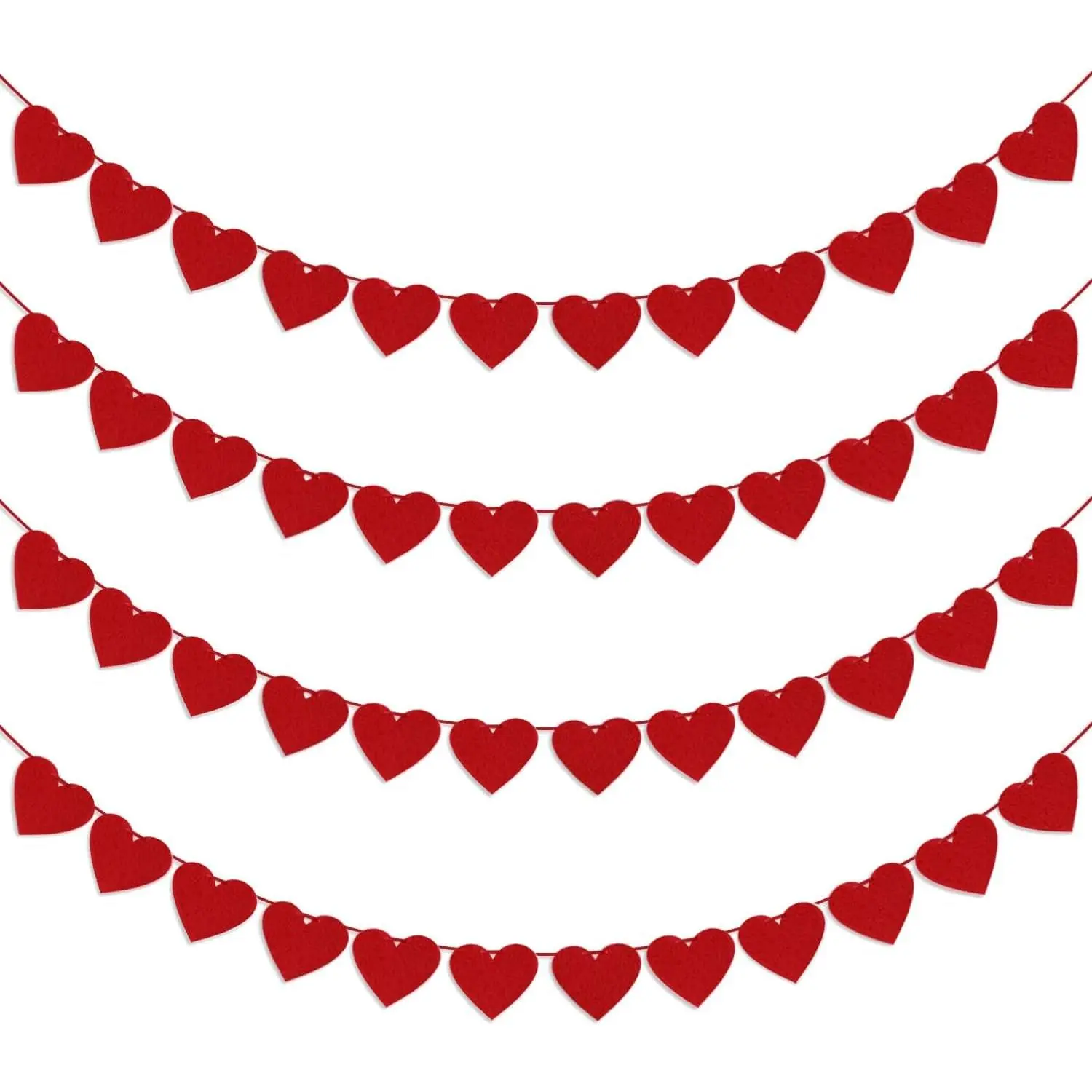 4 count Valentines Day Decorations Red Felt Heart Garland Banner, Pre-Strung, 48 Hearts Valentines Banner for Outdoor Indoor  Valentines Day Decor NO DIY Galentines Day Anniversary Wedding Decoration