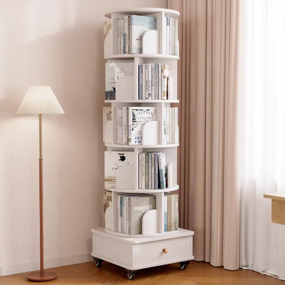 Littleox Rotating Bookshelf with Drawer, 360 Display 6 Tier Corner Bookshelf for Small Space, Floor Standing Bookcase Storage Rack, Wood Narrow Organizer for Bedroom, Living Room (WHITE)