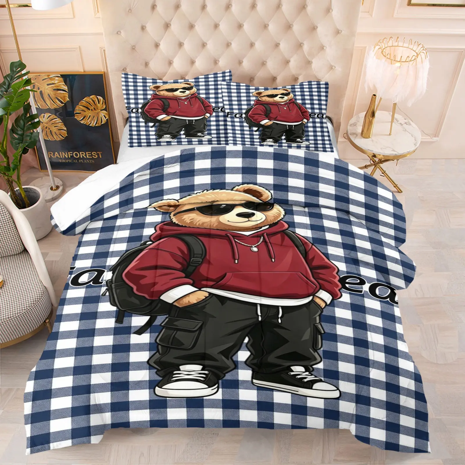 Plaid Bear Print Set, Includes 1 Bedding and 1 or 2 Pillowcases Without Pillow Inserts, Soft Children's and Adult Bedroom Decor Gifts