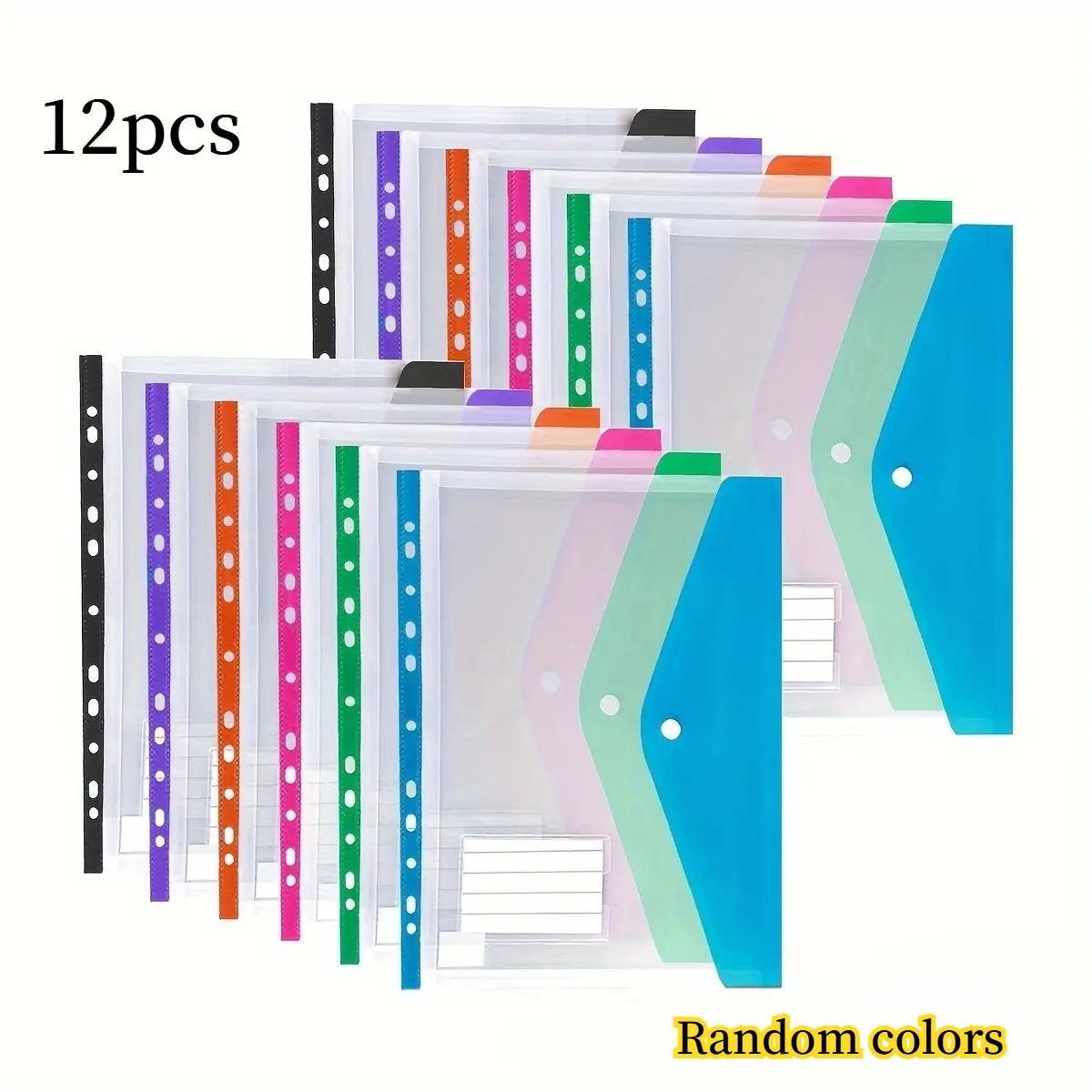 [12-Pack A4 File Folders] 12-Pack A4 Expanding File Folders, Plastic Document Organizer With Snap Closure And Label Holder, Random Color Stationery Supplies For School, Office And Home Use