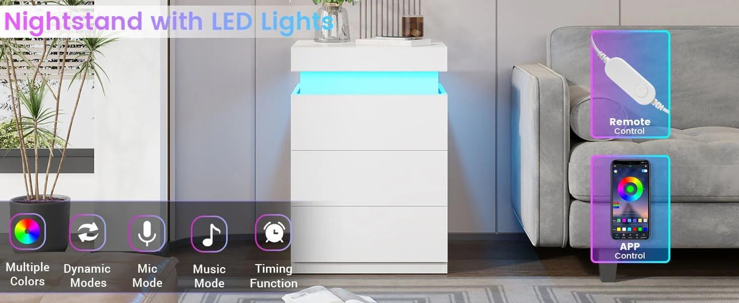 Sikaic Nightstand with LED Lights & Charging Station White Modern Accent Table 2 Power Outlets 2 USB Ports Sliding Top Drawers for Bedroom Living Room