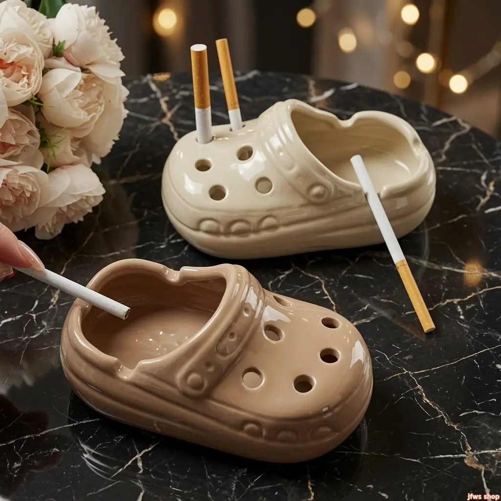 2026 New Creative Clog Shape Ceramic Ashtray with Windproof Grooves and Deep Ashtray for Cigarette Cigar Heat Resistant Handmade Desk Decor for Living Room Office Patio US Design