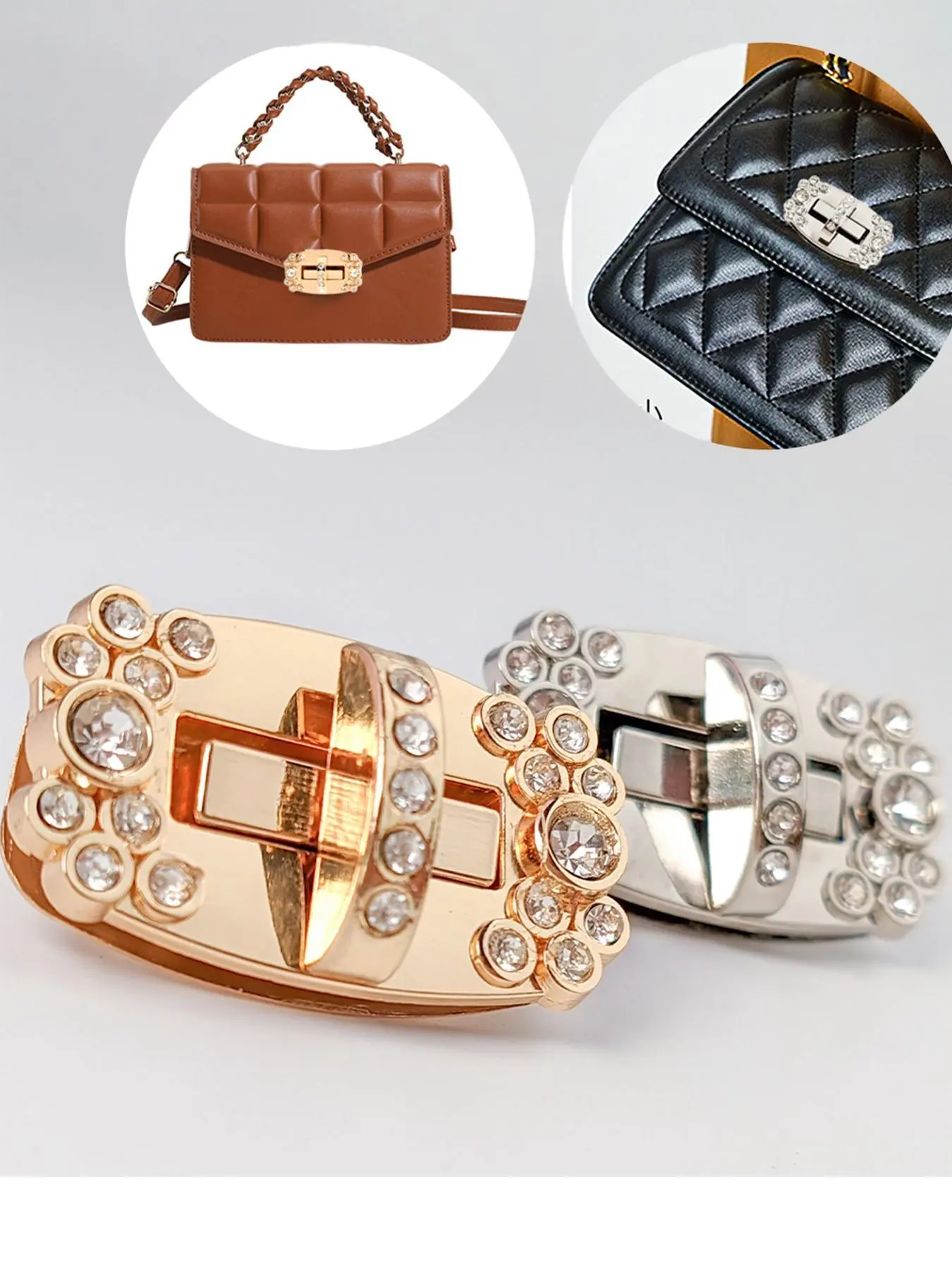 Luxury Crystal Rhinestone Rotating Lock Clasp, Shiny Handbag Closure Hardware Replacement, Metal Lock Clip for Wallets, DIY Bag Accessories