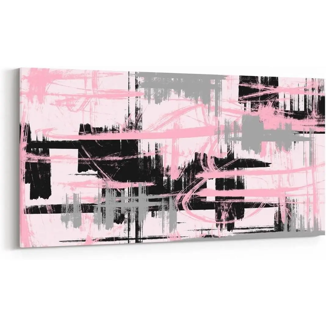 19x38in Large Industrial Minimalist Striped Canvas Wall Art - Pink and Grey with Black Frames, Hanging Ready-to-Hang Decor for Living Room, Office, Ideal Gift for Sofa Side Home Decor, Home Inspo