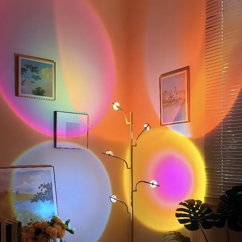 Sunset Lamp, 5 Head Halo Sunset Floor Lamp with Replaceable Filters, Includes 24 Color Filters, Ambient Mood Halo Projector Floor Lamp for Bedroom, Living Room