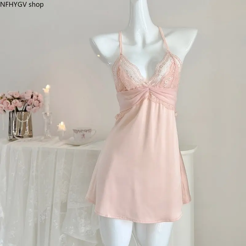 Lace V Neck Twist Knot Slip Nightgown, Thin Spaghetti Strap Silky Mini Sleep Dress, Soft Satin Lingerie Chemise For Women Bedroom Relax Bridal Night And Casual Lounge Wear