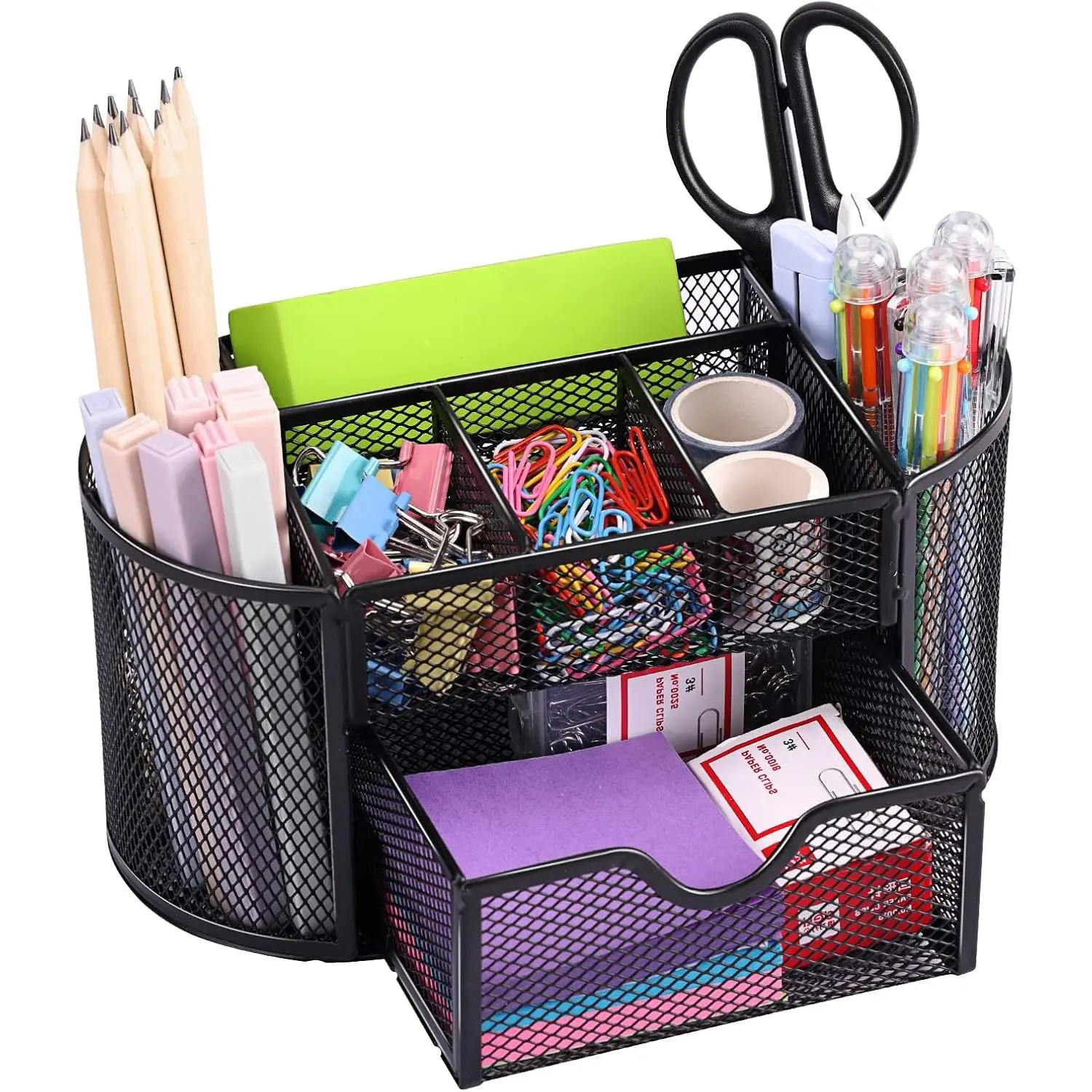 Black Mesh Desk Organizer with 8 Compartments, 1 Pull-Out Drawer, Metal Coated Pencil Holder, Stationary Hold for School/Office Supplies, Black Office Stationery Accessory