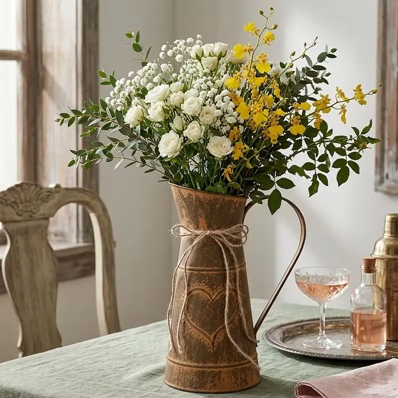 French Country Style Vase, Primitive Jug Rustic Decor, Shabby Chic Milk Jug, Metal Farmhouse Pitcher, Wedding Party Christmas Decoration, Flower Vases, Decorative Vases For Home Decor