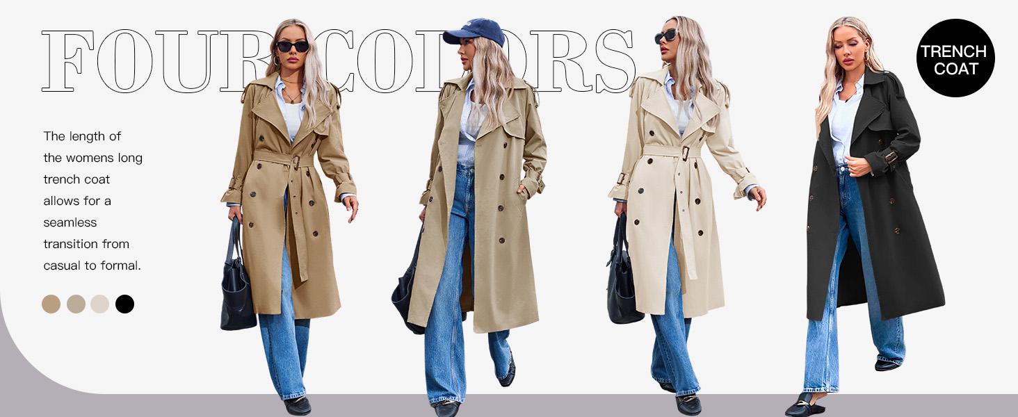 FMEYOA Womens Long Trench Coat Double Breasted Classic Lapel Fall Overcoat with Belt J7K066