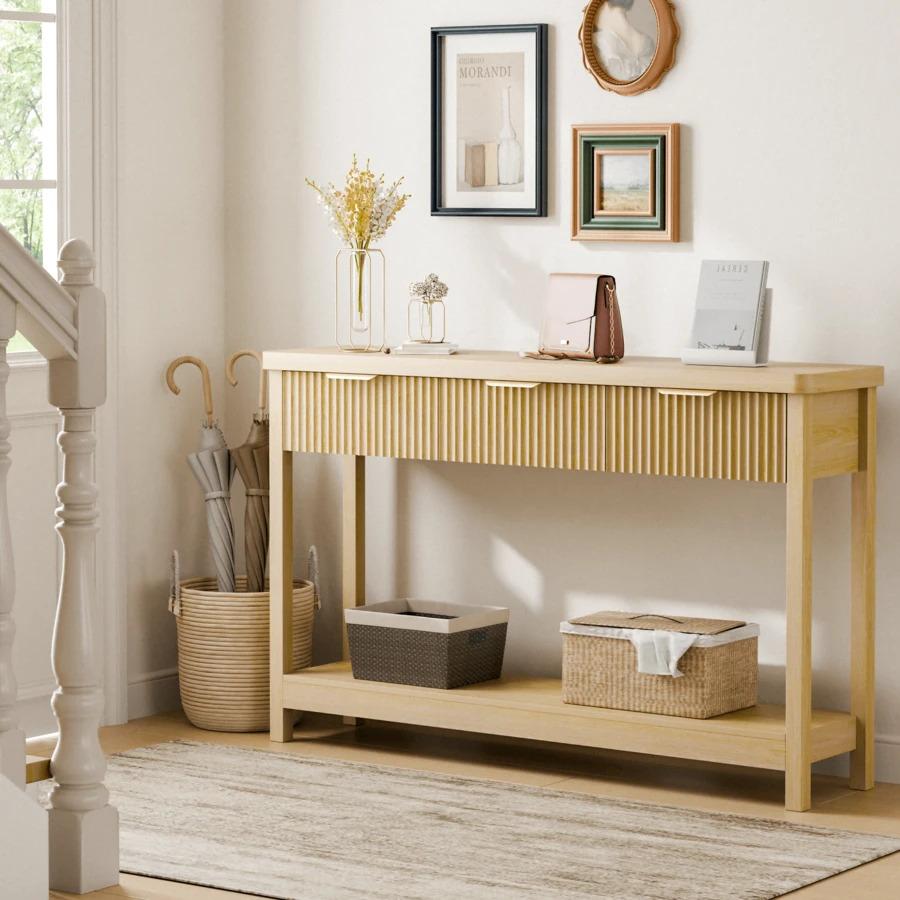Furniture Fluted Console Table with Drawers, Modern 47.1" Entryway Table with Storage Shelf, Boho Narrow Skinny Behind Couch Wood Sofa Table for Living Room Hallway Entrance Foyer
