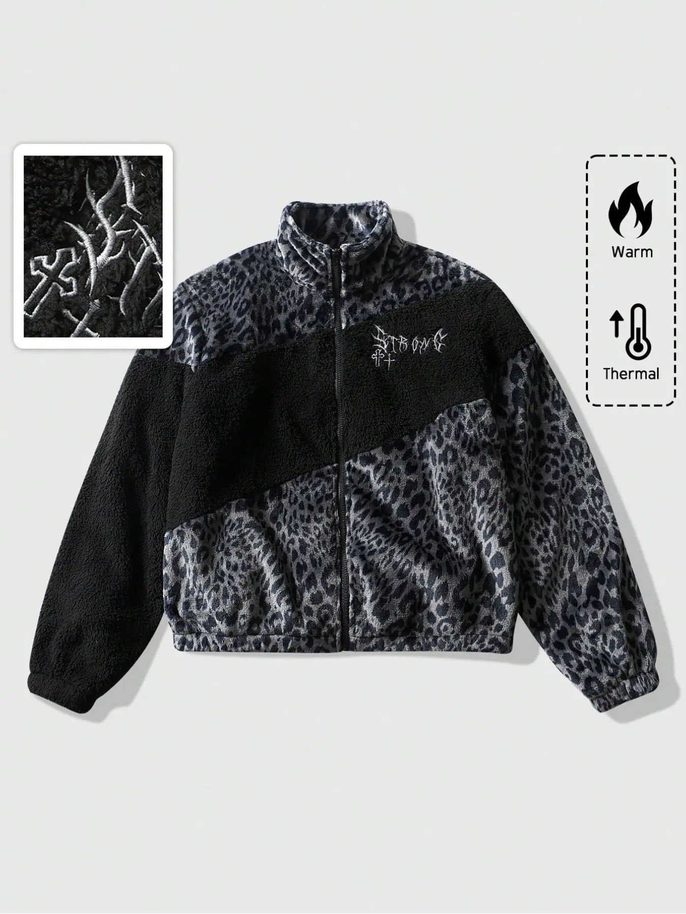 Men's Fashion Patchwork Leopard Print Fleece Jacket, Gothic Embroidery, Stand Collar Windproof, Full Zip, Loose Fit, Fall Winter Streetwear