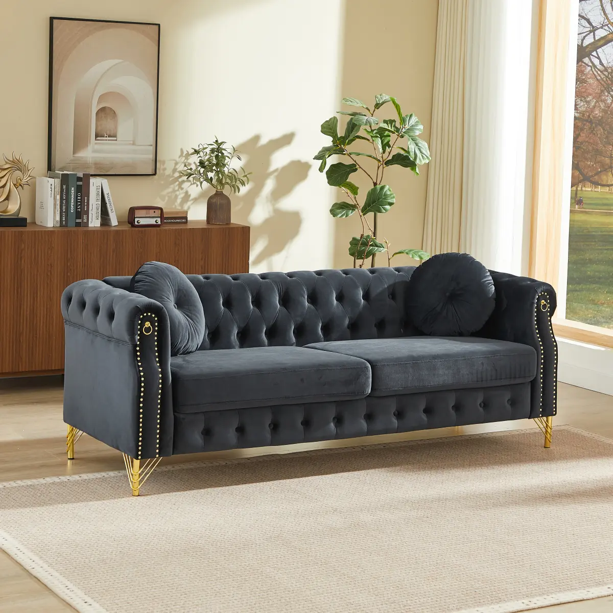 82 Inch Chesterfield Sofa with Two Round Pillows, Velvet 3 Seater Couch with Button Tufted Back, Modern Upholstered Loveseat Couches with Nailhead Trim or Living Room Bedroom Office, Black