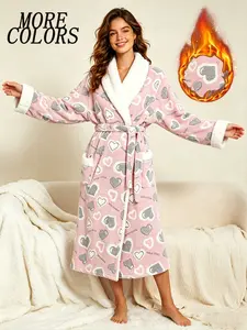 Women's Thickened Flannel Robe, Base Heart Print, Sheepskin Collar, Tie Waist, Side Pockets, Long Home Bathrobe