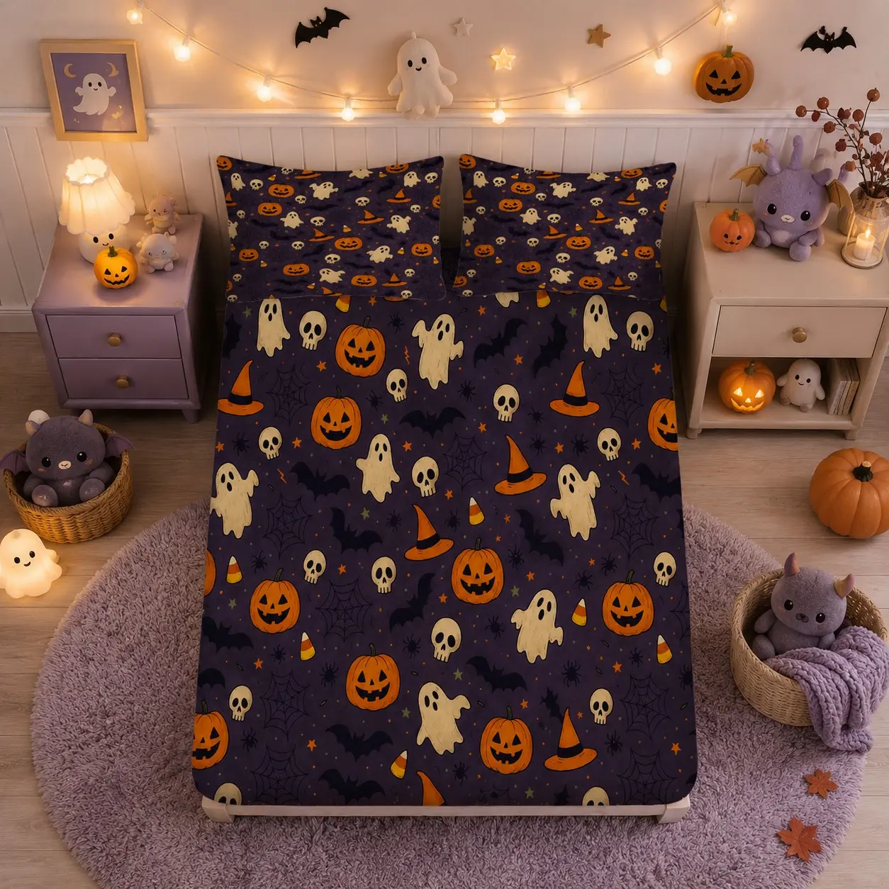 Halloween Ghost Pumpkin Fitted Sheet Set, 3 Pieces, 1 Fitted Sheet and 2 Pillowcases, No Pillow Insert, Cute Cartoon Party Style, Single-Sided Print, Elastic Edge Mattress Protector Sheet for Bedroom, Dorm, Apartment, Guest Room and Holiday Bedding Refres