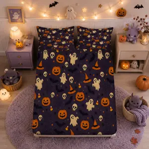 Halloween Ghost Pumpkin Fitted Sheet Set, 3 Pieces, 1 Fitted Sheet and 2 Pillowcases, No Pillow Insert, Cute Cartoon Party Style, Single-Sided Print, Elastic Edge Mattress Protector Sheet for Bedroom, Dorm, Apartment, Guest Room and Holiday Bedding Refres