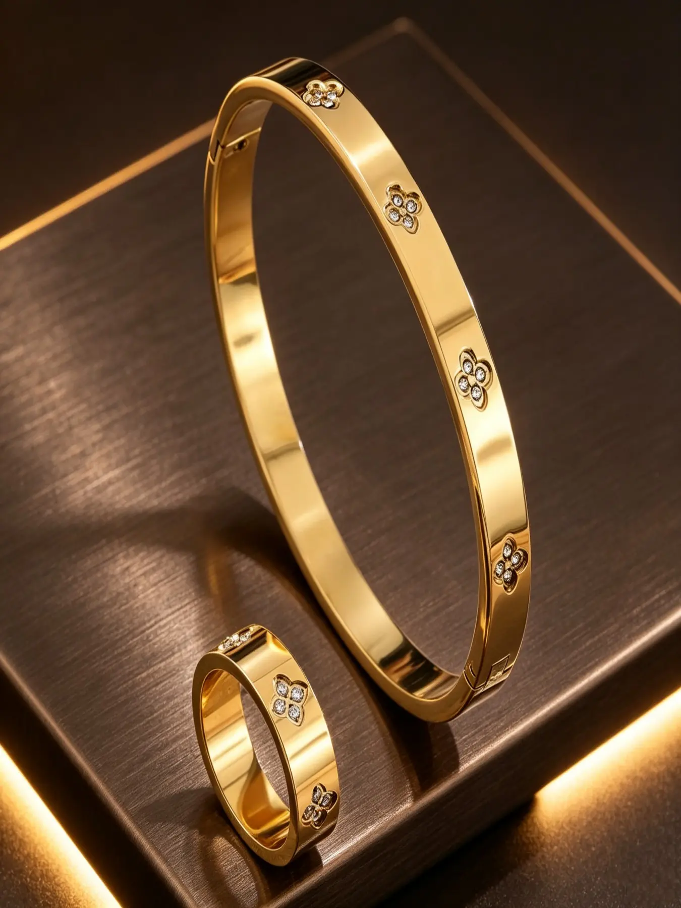 2 Pcs Stainless Steel Bangle Ring Set, 18k Gold Plated, Rhinestone Embellished, Fashionable Women's Jewelry, Luxury Daily Wear, Elegant Jewelry Set