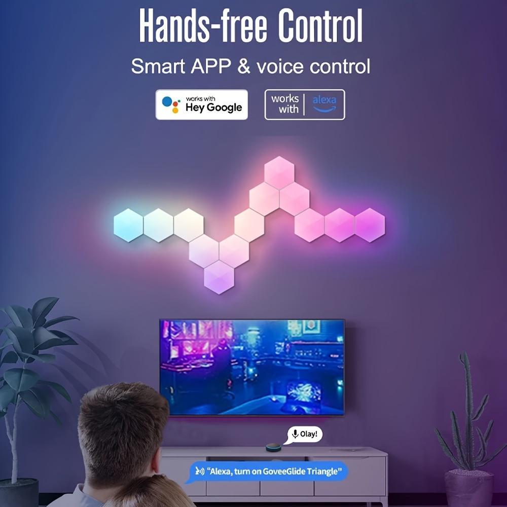 Smart LED Hexagonal RGB Color Changing Indoor Wall Light, USB Powered Voice/APP/Remote Control Dimmable Music Synchronized Night Light for Game Room, Home Theater, Party Smart LED Lighting
