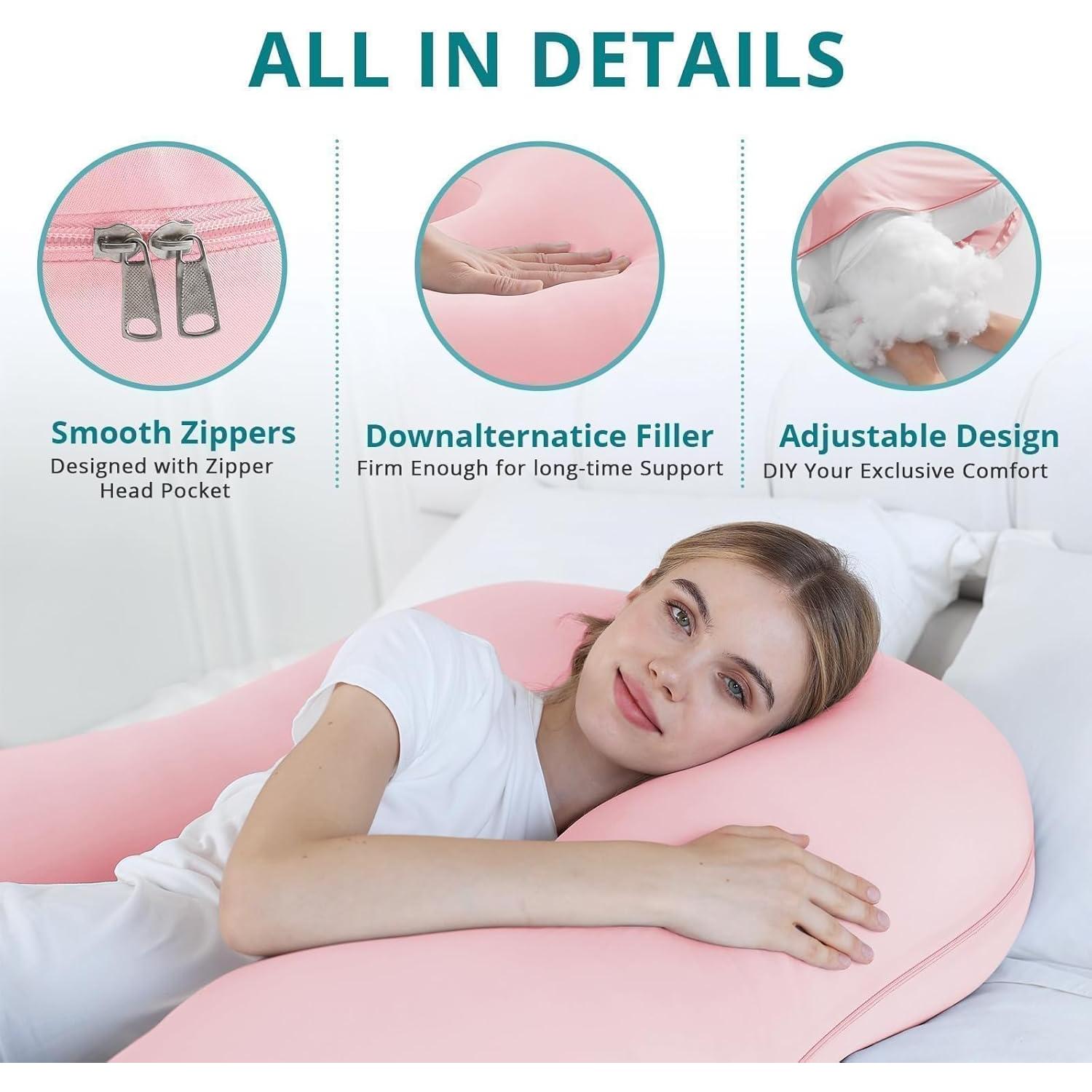 Pillows for Sleeping, U Shaped Cooling Full  Pillow   Haves, 57 Inch Maternity Pillow for , Pillow with Removable Cover for Side Sleeper, Light Pink