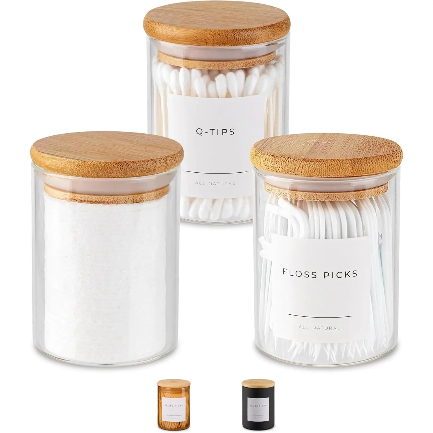 Mini Glass Apothecary Jars with Bamboo Lids, Small Bathroom and Kitchen Storage Containers, For Cotton Balls, Pads and Swabs, 10 oz, Set of 3 (Clear)