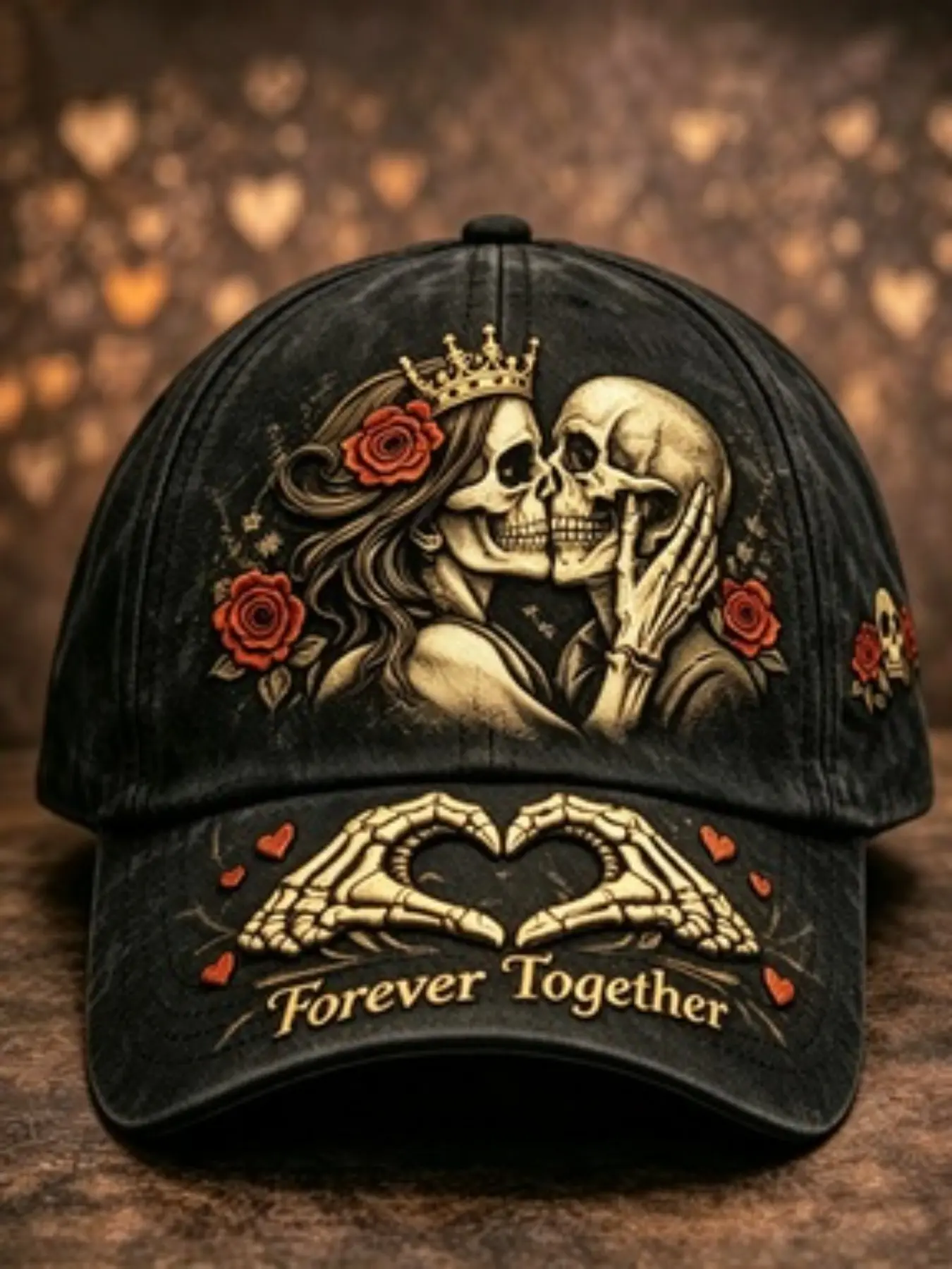 2026 New Creative Forever Together Skull Lovers Baseball Cap, Gothic Rose Crown Dad Hat, Casual Fitted All over Print Hat