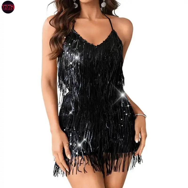 YYW1 (New)Sequin Fringe Romper,Sparkly Glitter Metallic Jumpsuits Women,Backless Shorts Dress Disco Birthday Dance Outfit
