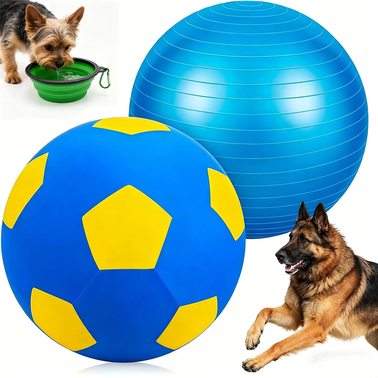 Dog Herding Ball, Enormous 22 Inch Large Breed Toy, Tough Chew Proof Anti-Burst Cover w/ Heavy Duty Pump & Foldable Water Bowl, Blue for Park & Backyard Training