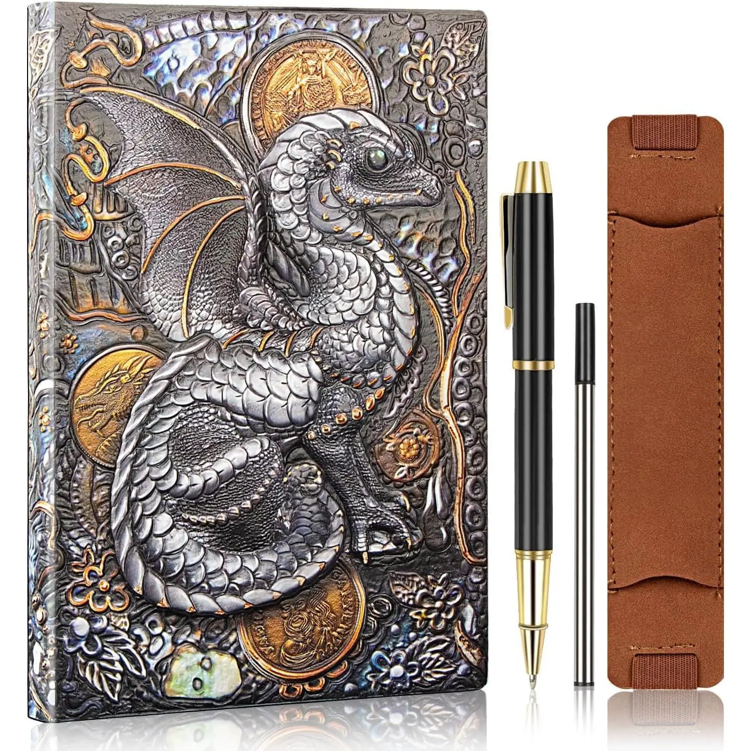 DND Flying Dragon Journal Writing Notebook + Ballpoint Pen Set, A5 Travel Diary,  PU Leather Diary Notepad,Nice  for Men Women