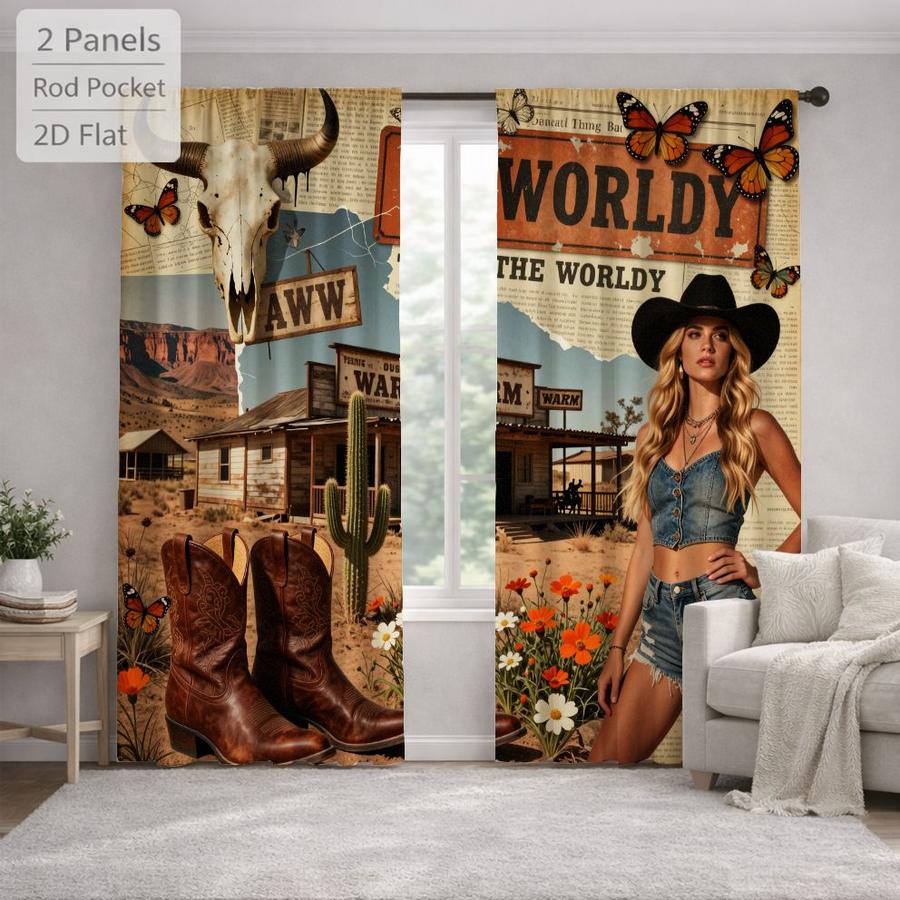 2Pcs Western Style Wild West Cow Skull Cowboy Boots Desert Cactus Sun Blocking Curtains Digital Printed Rod Pocket, Window Treatment For Bedroom Office Kitchen Living Room Study Home Decor