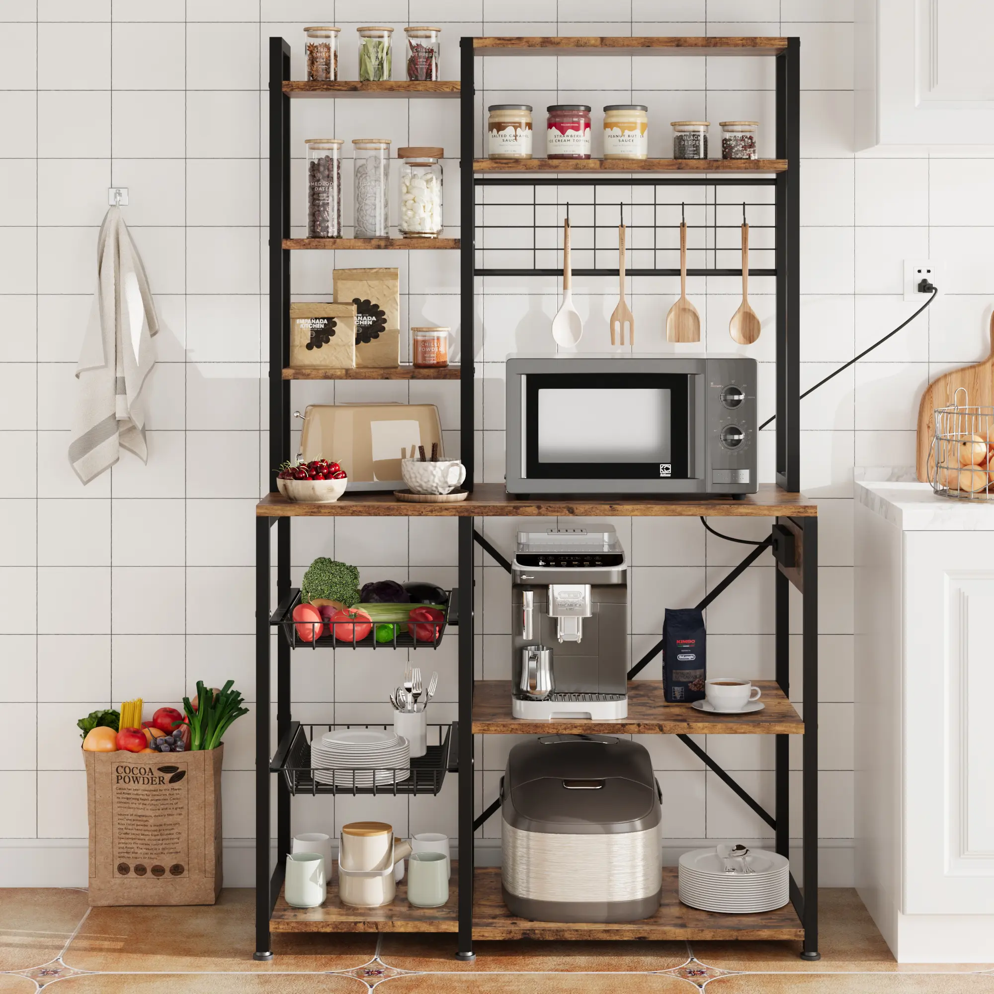 Garvee 7-Tier Industrial Bakers Rack with Power Outlet & LED Lights, Microwave/Oven Rack Stand - Wire Baskets & Drawers - Freestanding Kitchen Coffee Bar Storage Shelf