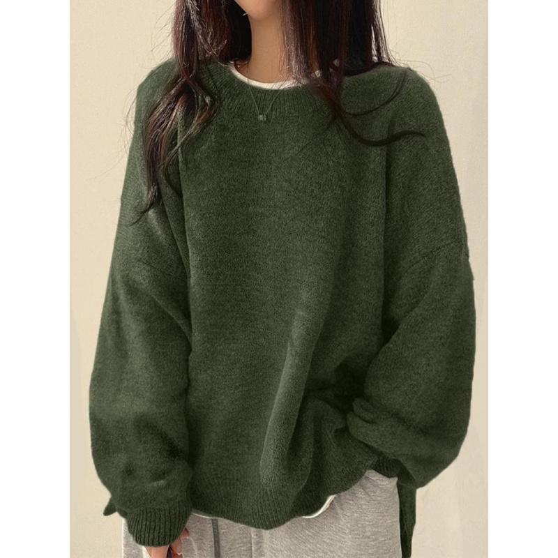 Women's Drop Shoulder Split Hem Sweater, Chic Casual Long Sleeve Round Neck Jumper, Women's Knitwear Top for Fall & Winter, Crewneck Sweaters for Women, Tops for Women, Womenswear Women's Drop Shoulder Split Hem Sweater, Chic Casual Long Sleeve Round Neck Jumper, Women's Knitwear Top for Fall & Winter, Crewneck Sweaters for Women, Tops for Women, Womenswear