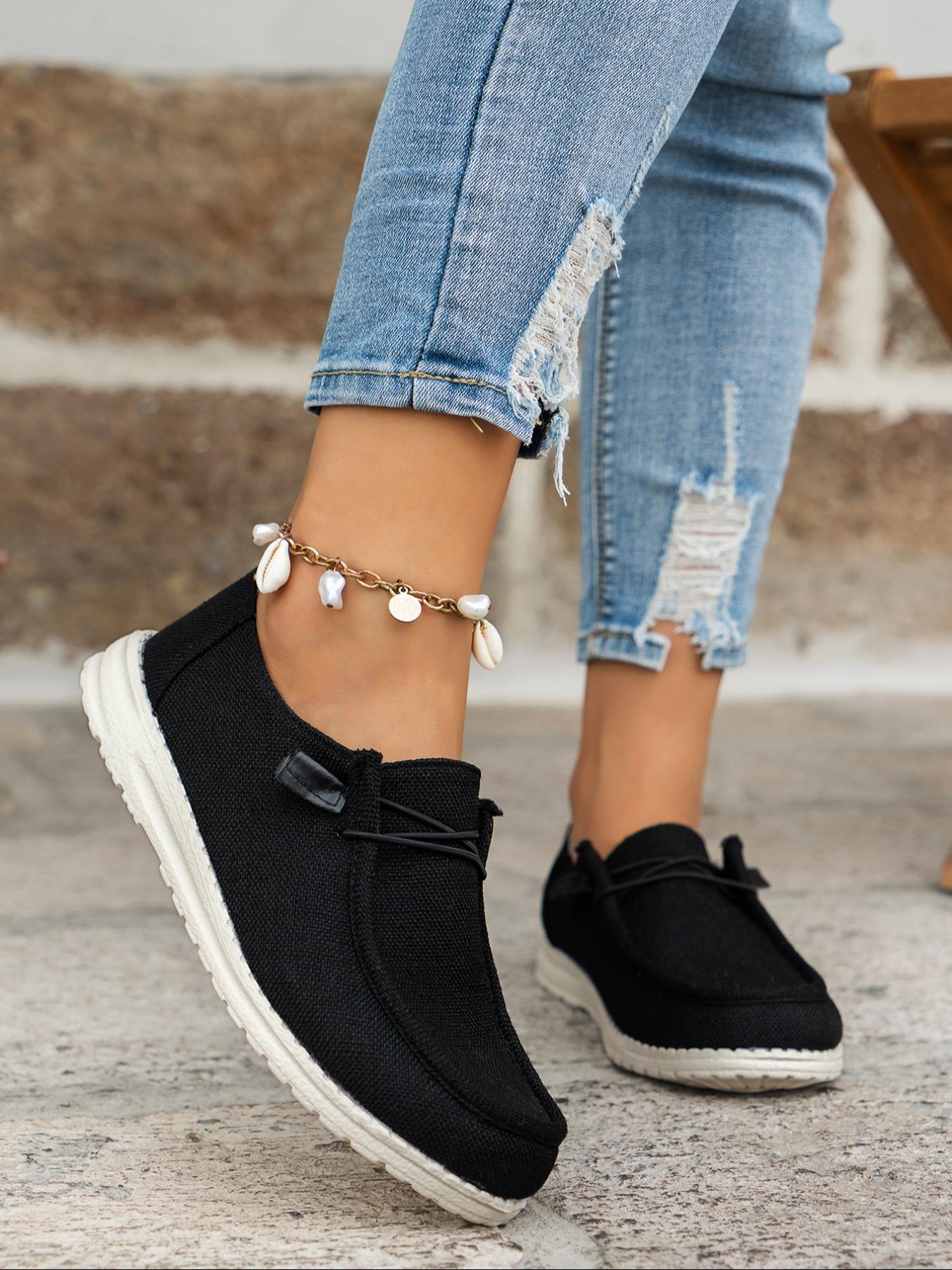 Women's Fashionable Plain Color Round Toe Lightweight Slip Ons Style Sneakers, Lightweight Breathable Comfortable Lace-up Flats Shoes, Casual Comfortable Sports Walking Shoes, Casual Breathable Footwear