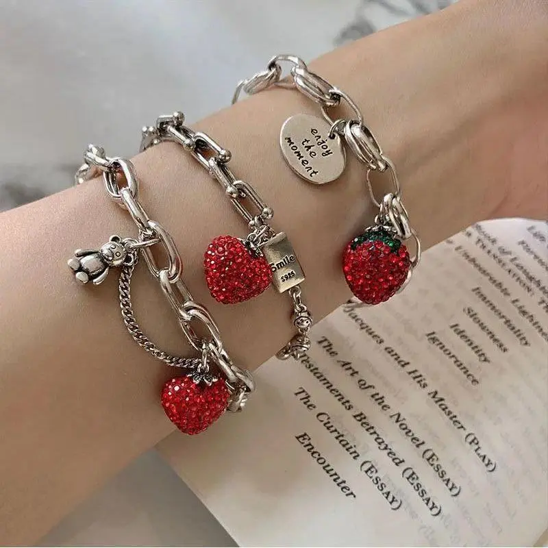 Women's Thick Chain Sports Wristband Bangle, Sparkling Strawberry Graphic Charm, Rhinestone-Decorated Zircon Accents, Stackable Elegant Fashion Jewelry for Club Parties, Gift Option, Bangles, Rhinestones, Club Party, Bracelet, Female