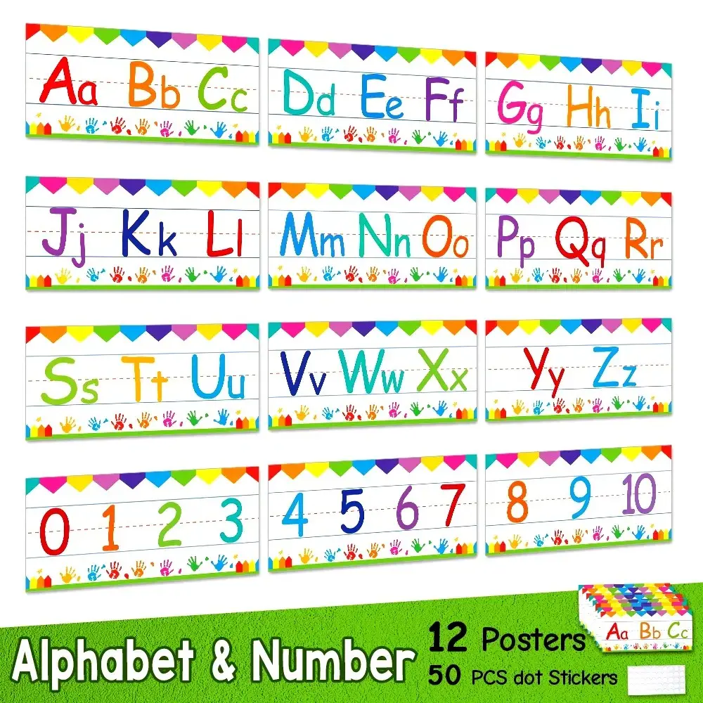 12-Piece Alphabet and Number Line Set, Colorful Wall Decor, Phonics and Counting Borders, Ideal for Kindergarten and Elementary Classrooms