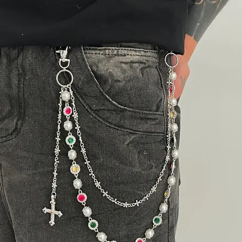Men's Imitation Pearl Pants Chain Accessory, Street Style Cross Pendant Waist Chain, All Seasons Denim Jeans Decoration, Maximalist Jewelry, Elegant Trendy Chain, Bling Chain, Vintage Body Jewelry, Chic Body Jewelry, Fashion Body Jewelry