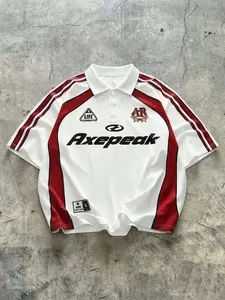 90s Retro White Red Striped Oversized Soccer Jersey, Y2K Vintage Streetwear Football Shirt, Harajuku Hip Hop Casual Polo Top, TikTok Viral Throwback Athletic Tee, Sportswear Top, Casual Sporty Top