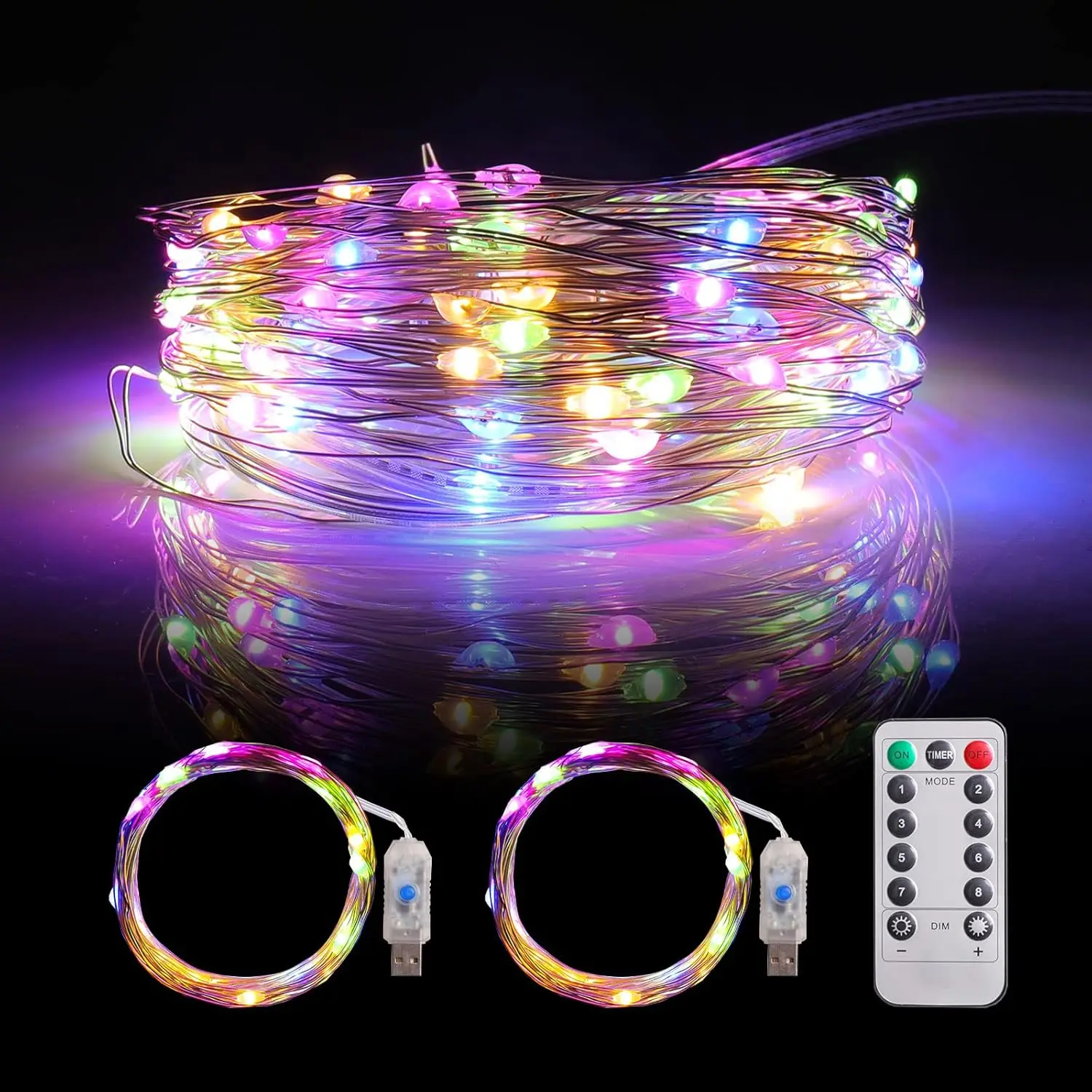 2 Pack Fairy Lights - 100 LED, 33 FT USB Powered Silver Wire String Lights with Remote Control