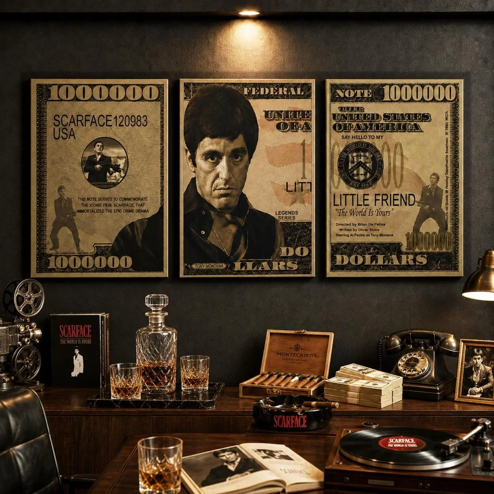 Tony Montana Inspired 3-Panel Framed Canvas Wall Poster - High-Quality Retro Dollar Bill Printing, Multi-Sizes, Mens Room Decor, Office Indoors Decor, Scarface Fans Gift